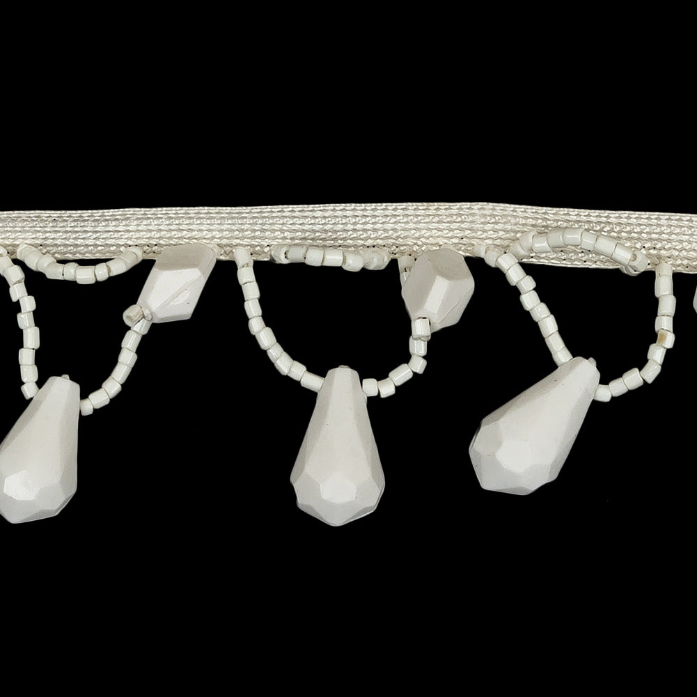Vintage Chalk White Teardrops and Seed Beaded Fringe - 1.375