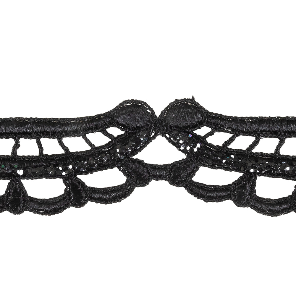 Black Glitter Scalloped Guipure Lace Trim - 1.375