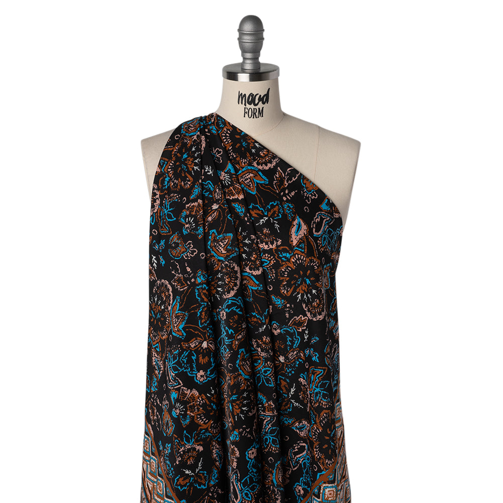 Satin-Faced Fluid Polyester Woven Print - Black, Russet Brown and Turquoise Blue Floral and Geometric Borders - Designer Deadstock - Joann Fabrics