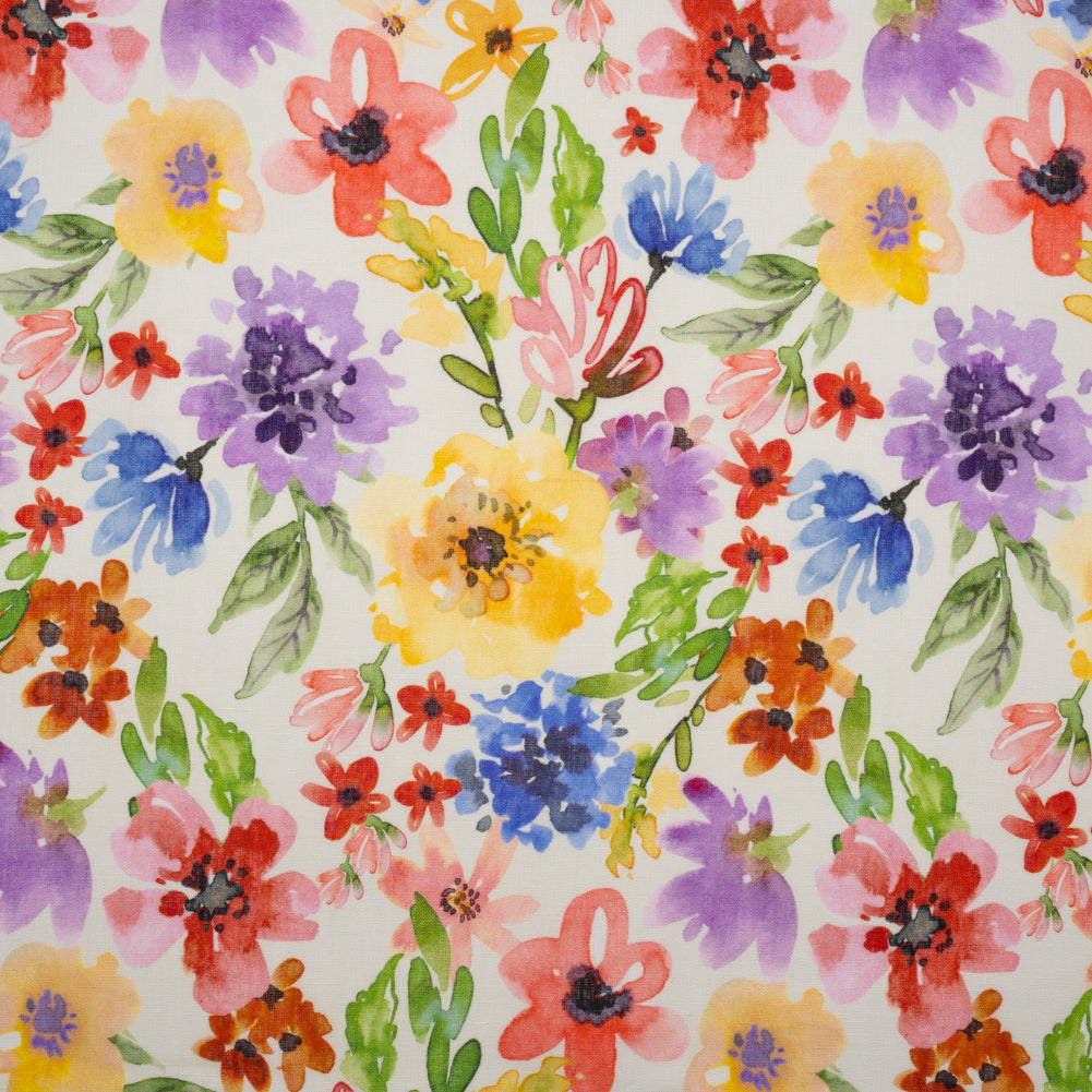 Lightweight Linen Woven - Purple, Yellow and Green Petal Drift Florals on White - Joann Fabrics