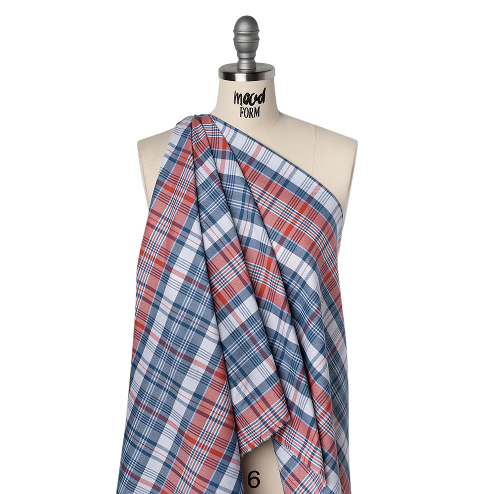 Cotton Oxford Shirting - Classic Blue, Cherry Tomato and White Plaid - Deadstock - Joann Fabrics