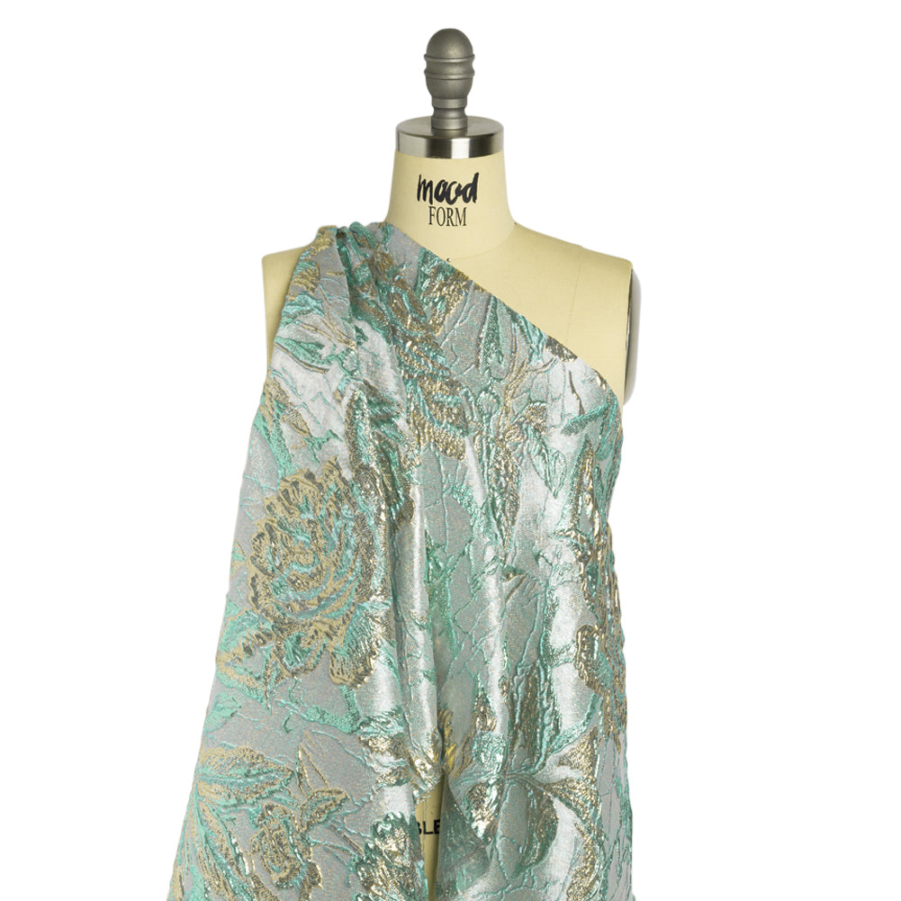 Metallic Light Blue, Gold and Aqua Radiant Roses Luxury Brocade - Joann Fabrics