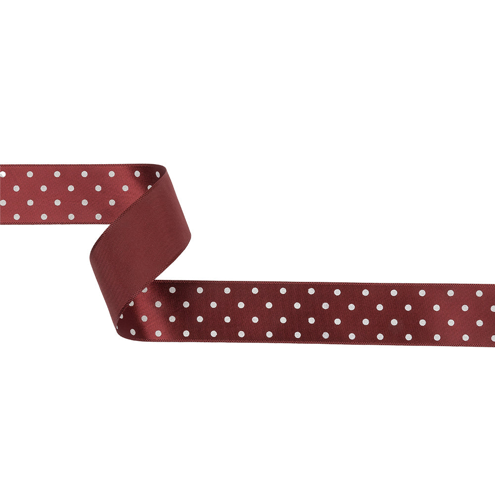 Wine Red and White Polka Dot Satin Ribbon - 1