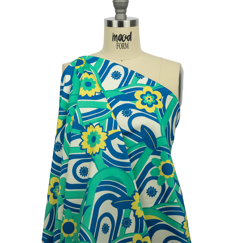 Stretch Cotton Sateen - Blue Winding Lines and Flowers - Bloom the Beat Print - Mood Exclusive Groove Collection - Joann Fabrics