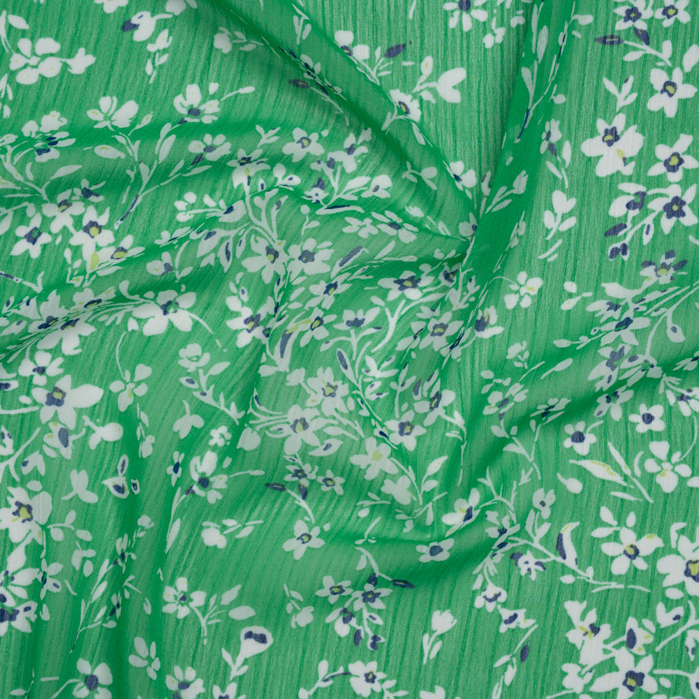 Crinkled Polyester Chiffon Print - Kelly Green, White and Navy Floral - Designer Deadstock - Joann Fabrics