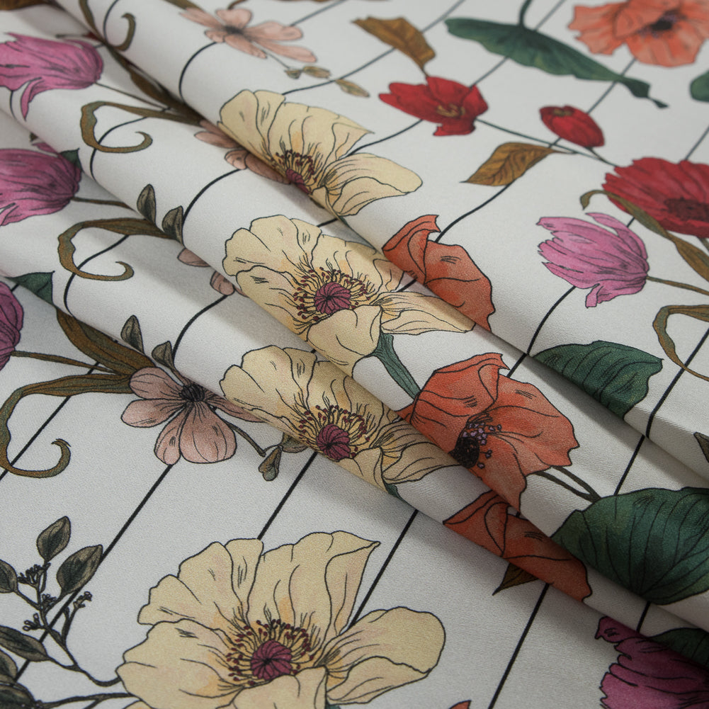 Stretch Cotton Sateen - Red and Yellow Flowers on Pinstripes - A Morning Hello Print - Mood Exclusive Aloha Collection - Joann Fabrics