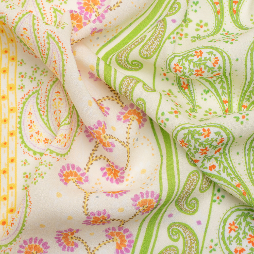 Viscose Crepe Print - Yellow, Lime Green and Pink Floral and Paisley Stripes - Mood Exclusive Lessons in Lilac - Joann Fabrics