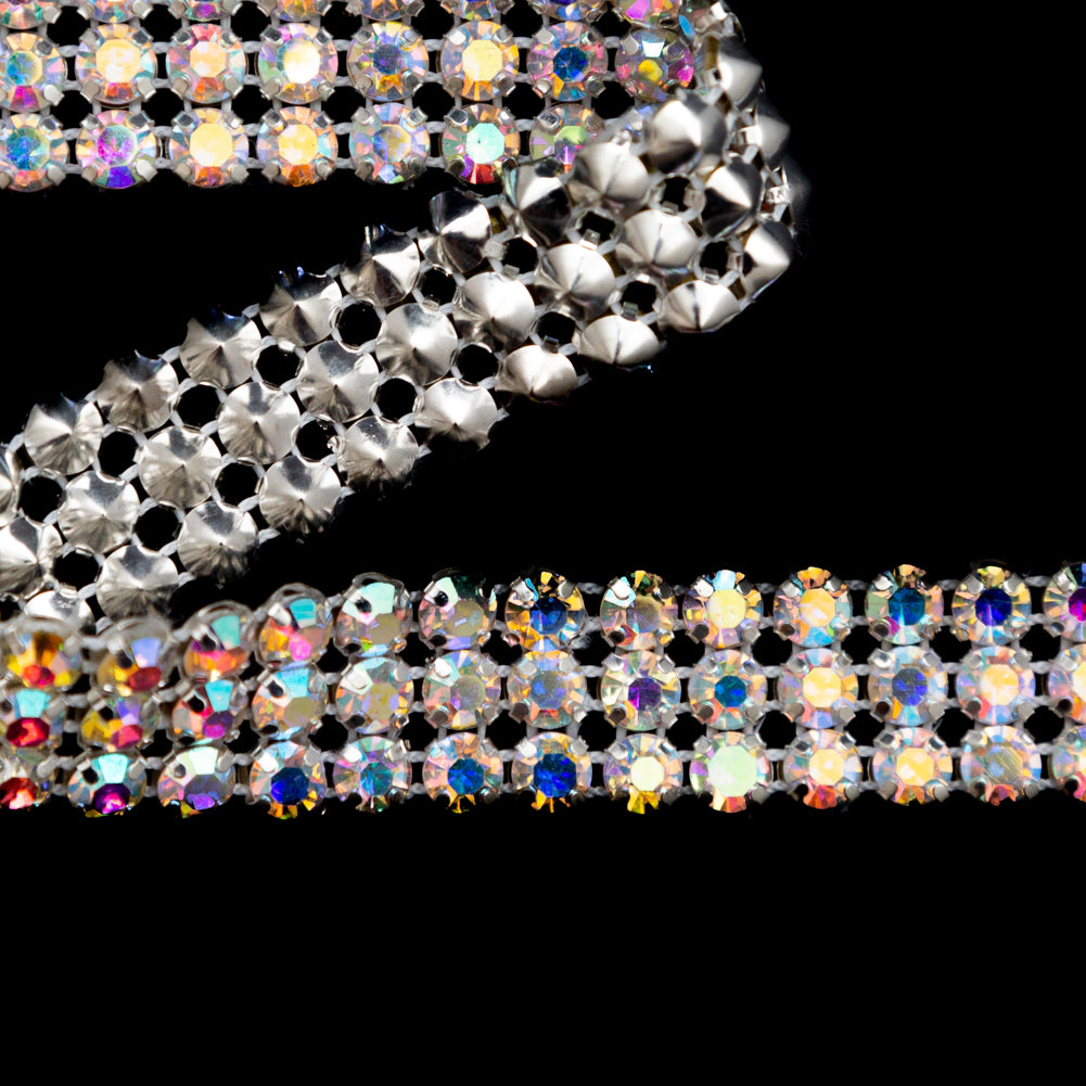Silver and Iridescent Crystal 3-Row Rhinestone Trim - 0.625