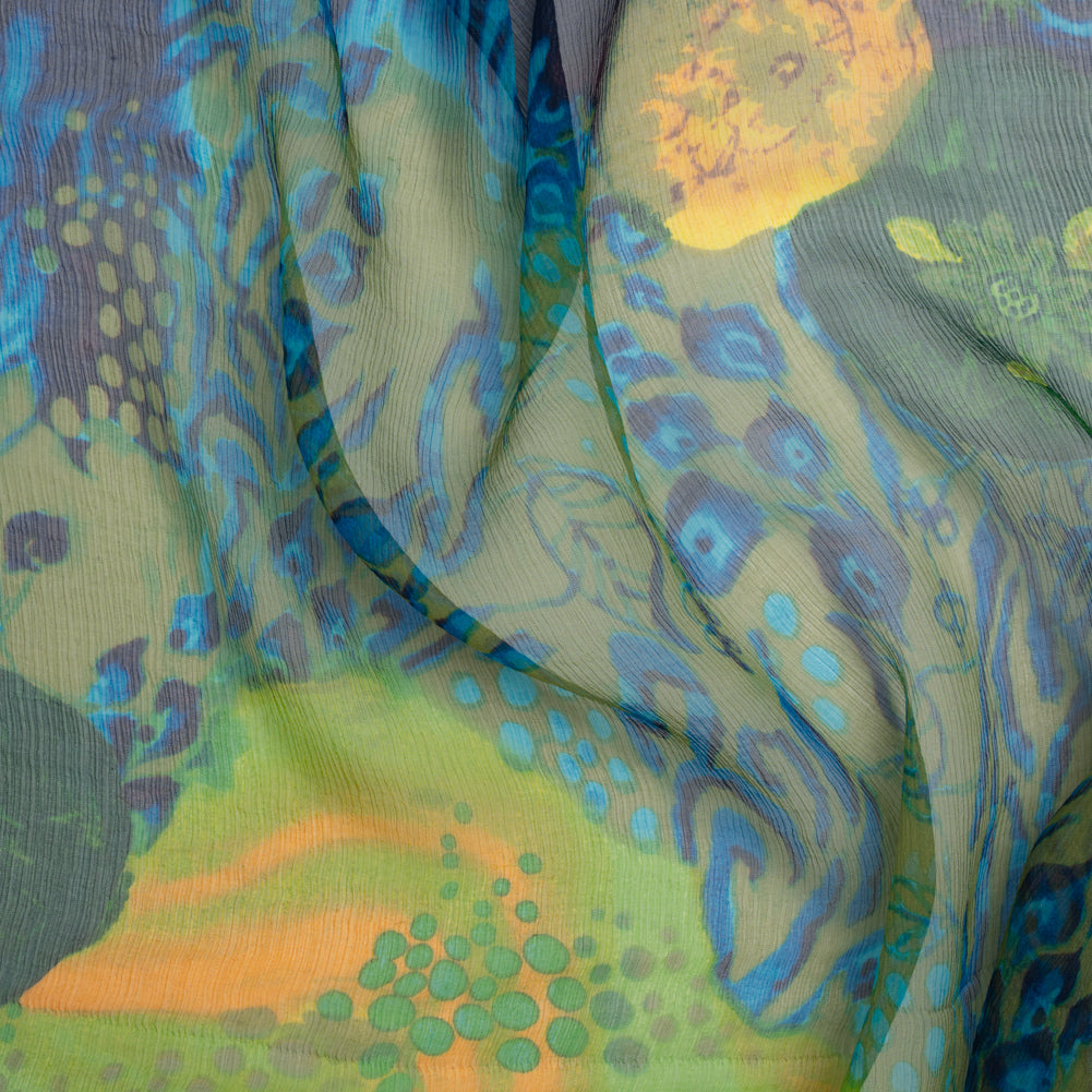 Crinkled Silk Chiffon Print - Green, Yellow and Blue Abstract Florals - Deadstock - Joann Fabrics