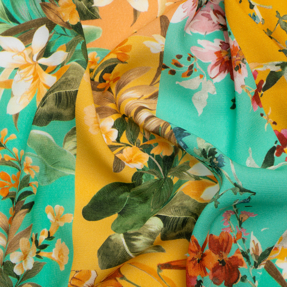 Sustainable Viscose Crepe Print - Aqua Blue and Yellow Floral Tile Stripes - Mood Exclusive El Paraiso - Joann Fabrics