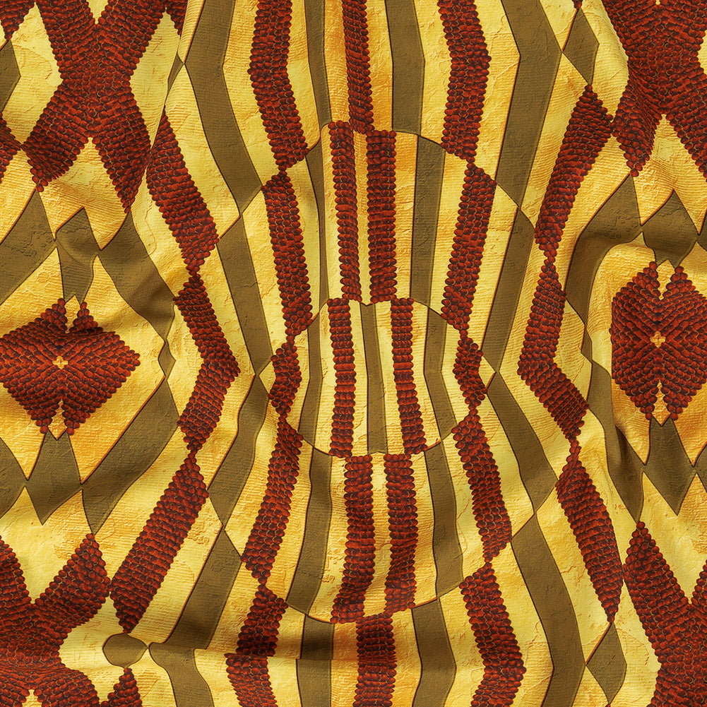 Compression Swimwear Tricot, UV Protective with Aloe Vera Microcapsules - Yellow, Olive and Mahogany Geometric - Caye Collection - Joann Fabrics