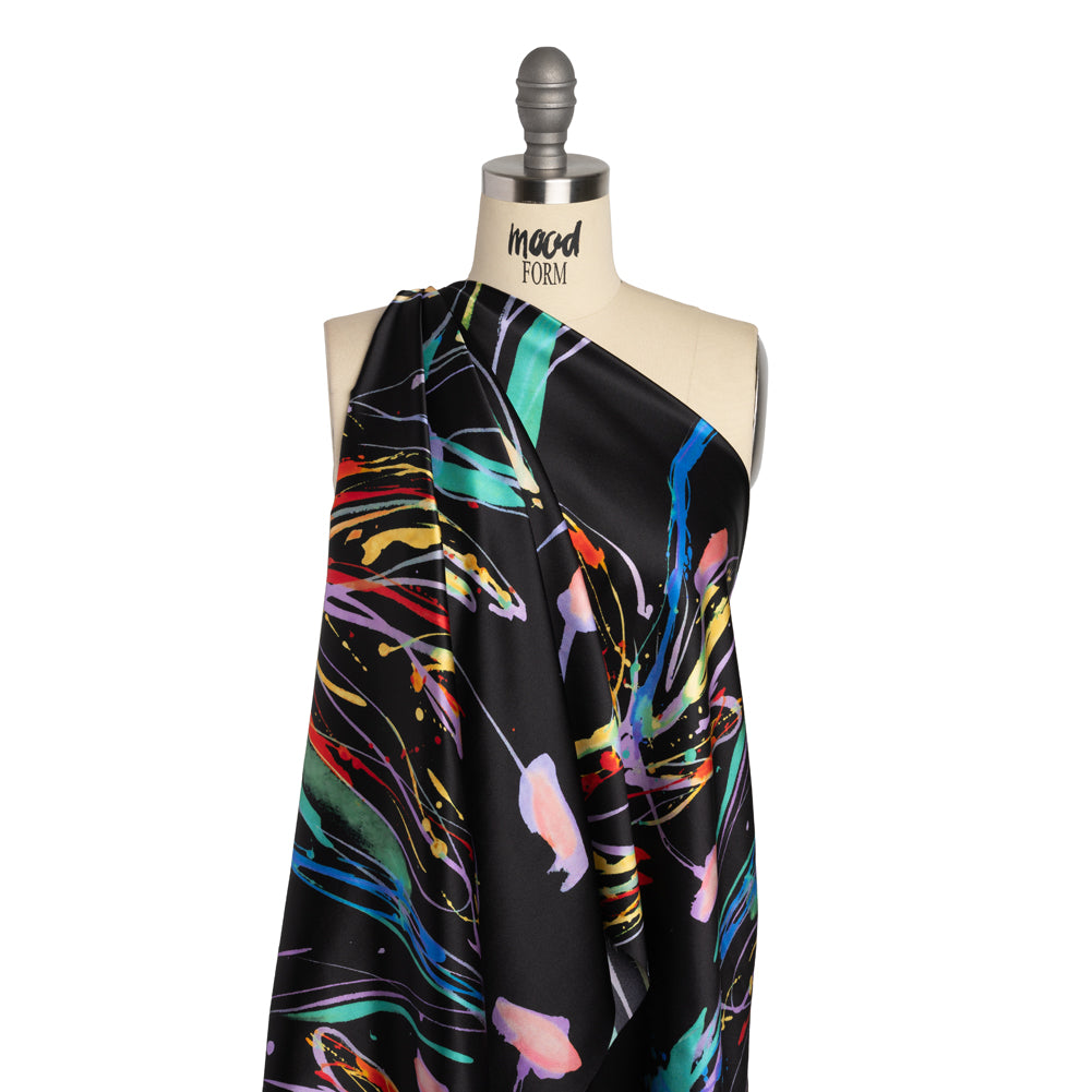 Silk Charmeuse Print - Black and Rainbow Paint Streaks and Splatters - Made in Italy - Joann Fabrics
