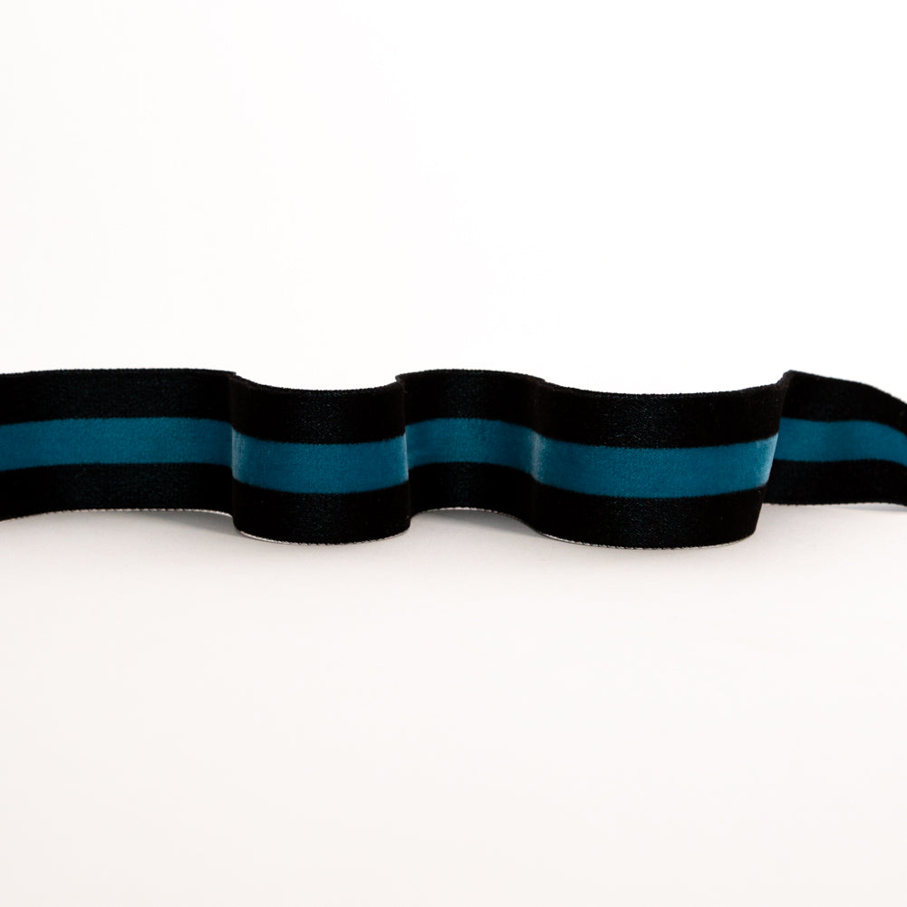 Italian Black and Teal Striped Velvet Ribbon - 1.5