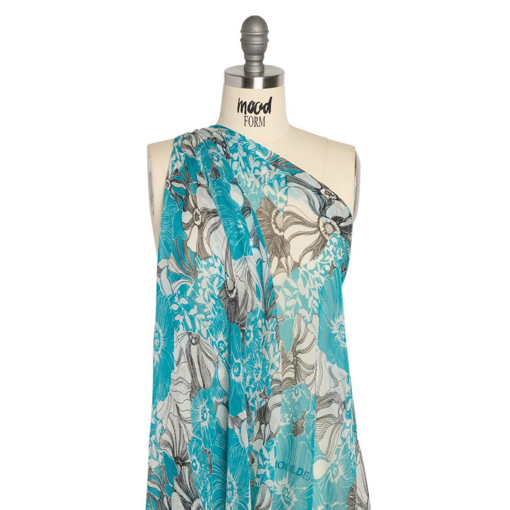 Turquoise, Black and White Tropical Floral Crinkled Silk Chiffon - Joann Fabrics