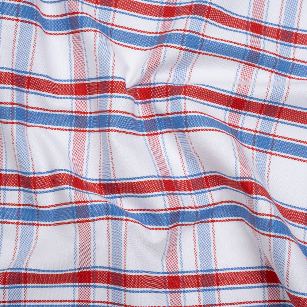 Cotton Oxford Shirting - Sky Blue, Tango Red and White Plaid - Deadstock - Joann Fabrics