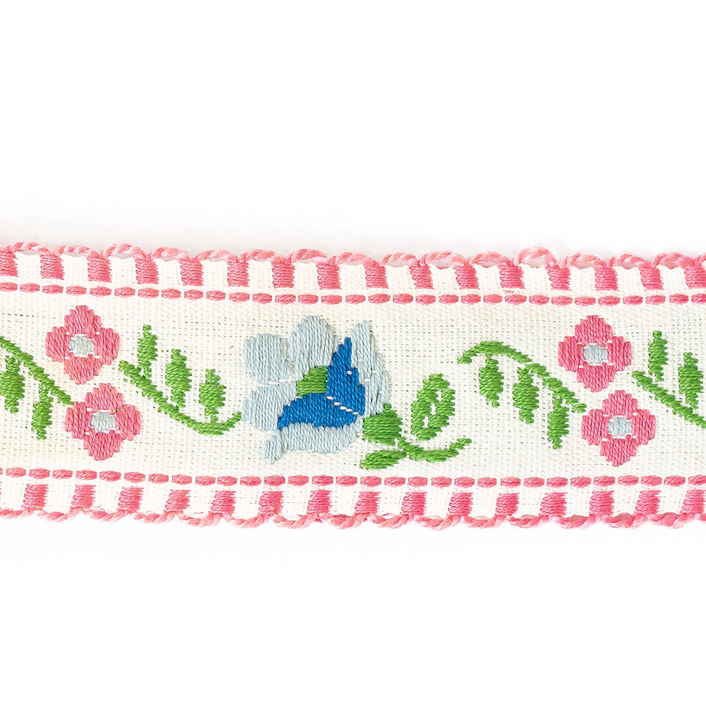 Pink, Blue and Off-White Floral German Jacquard Ribbon - 1