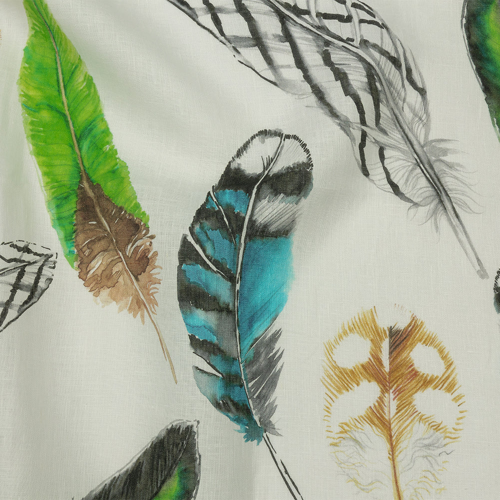 Blue, Green and Black Scattered Feathers Medium Weight Linen Woven - Joann Fabrics