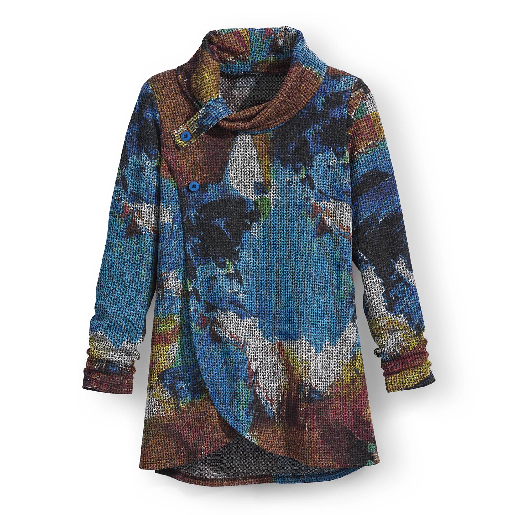 Button-Accent Abstract Cowlneck Top, Crossover Front - Northstyle Catalog