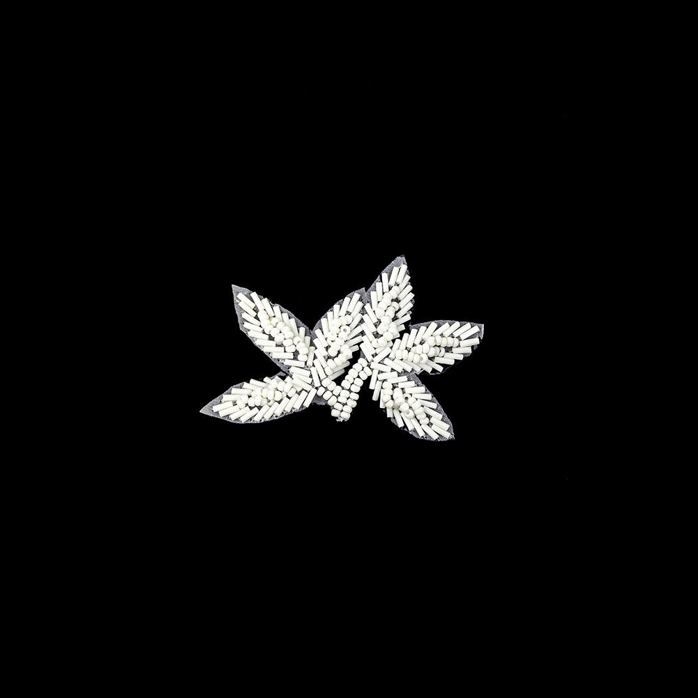 Vintage Opaque White Bugle and Seed Beaded Foliage Applique - 2.25