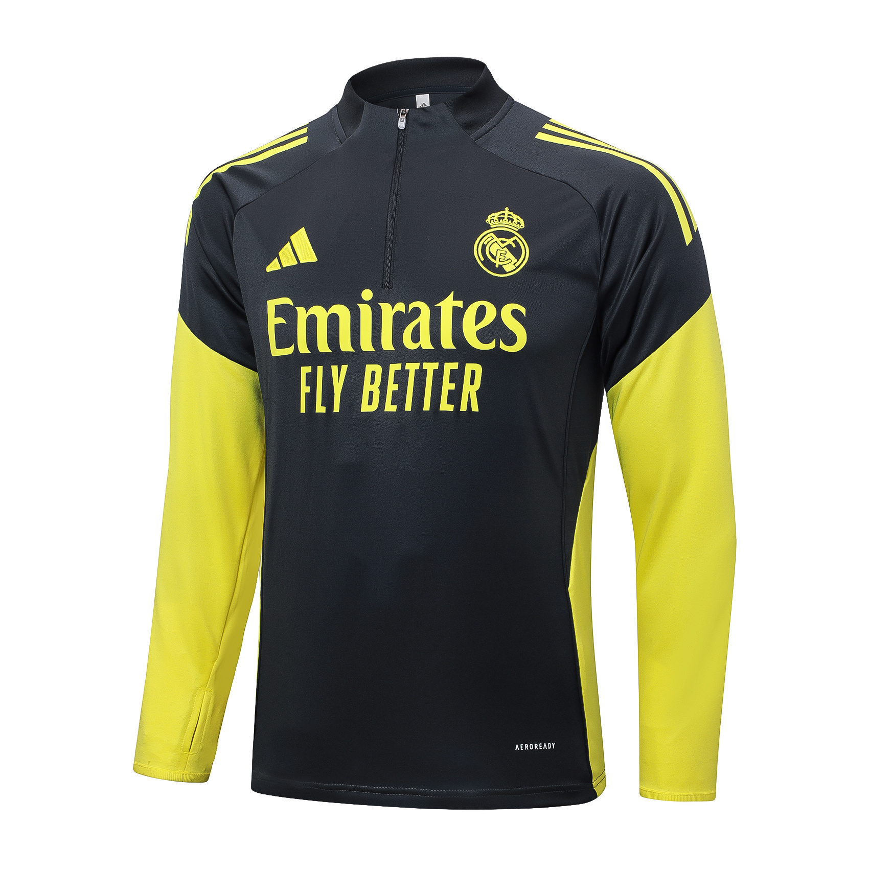 2025/2026 Real Madrid Dark gray with yellow sleeves Half-Pull Training Suit Football Shirt 1:1 Thai Quality Set