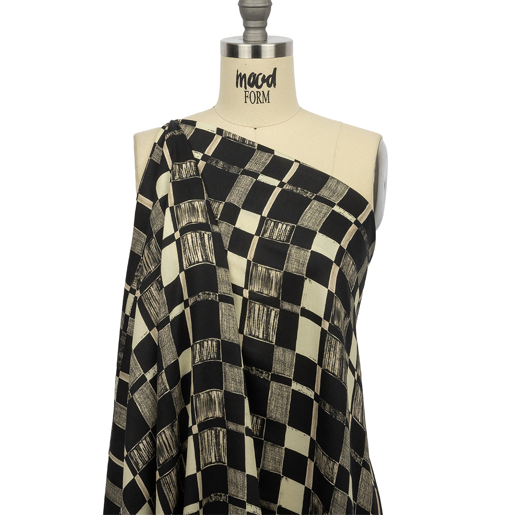 Rayon Challis - Black and White Checks - City Blocked Print - Mood Exclusive Metro Collection - Joann Fabrics