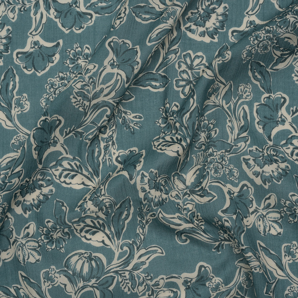 Crinkled Cotton Gauzy Woven - Sea Blue, Cream and Black Floral - Mood Exclusive Cottage Crawl Print - Joann Fabrics