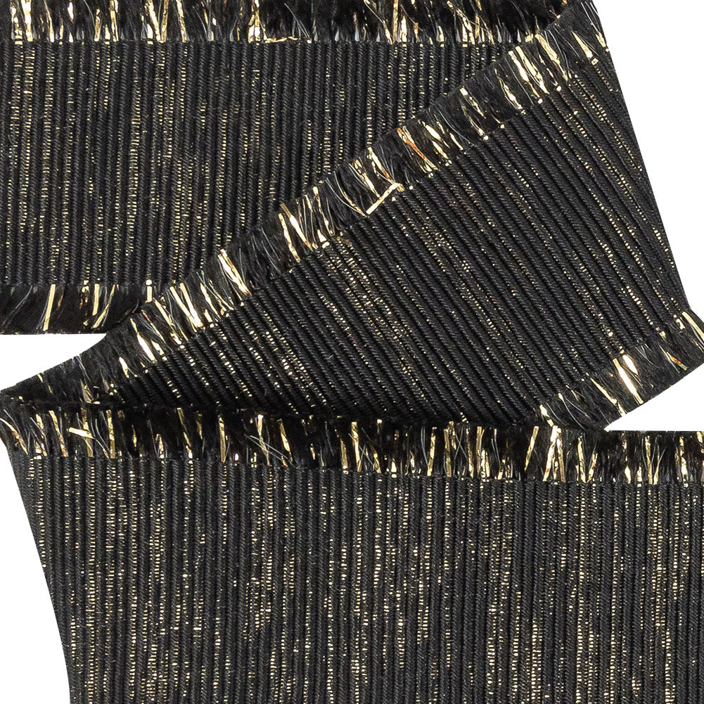 Italian Black and Gold Metallic Grosgrain Ribbon with Fringe - 1.4375