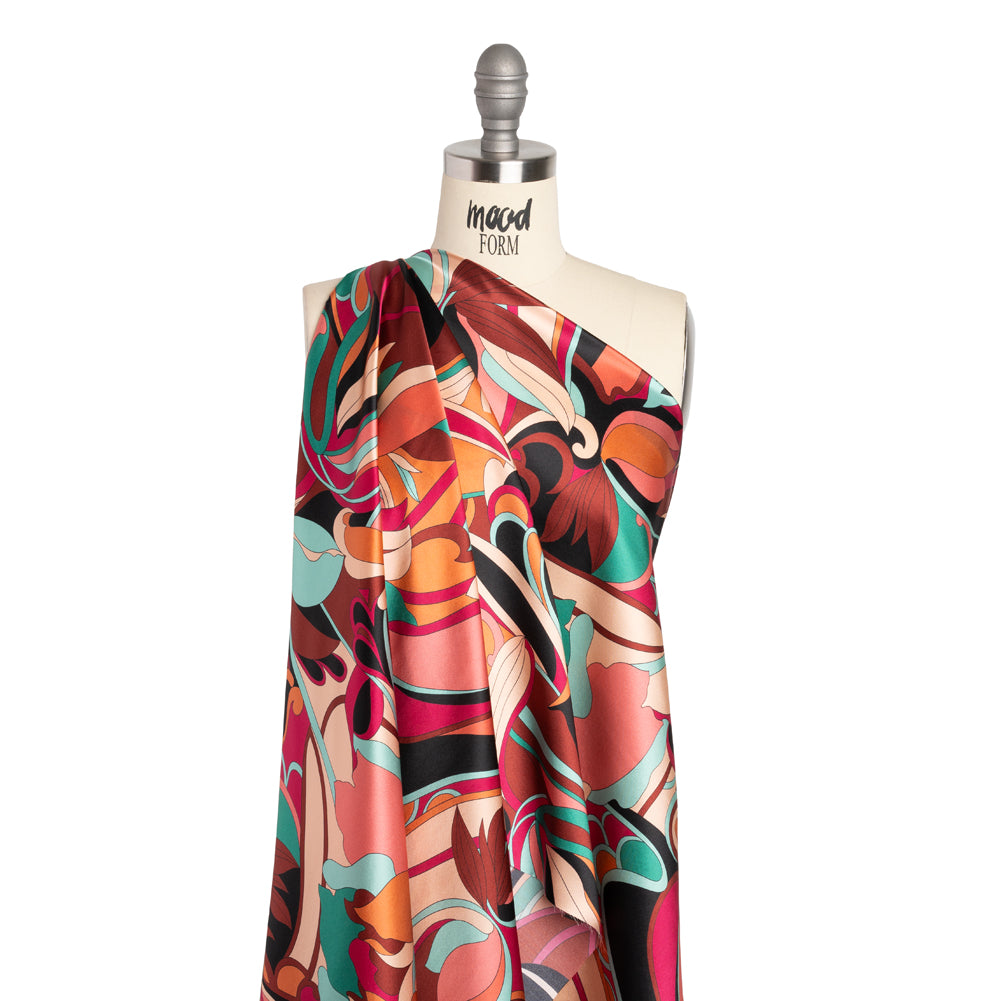 Silk Charmeuse Print - Brown, Teal and Magenta Retro Floral Swirl - Made in Italy - Joann Fabrics