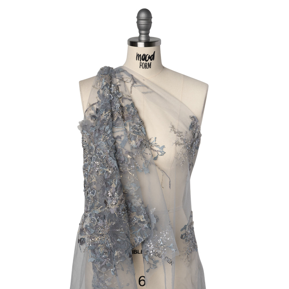 Embroidered and Beaded Tulle with 3D Satin Flowers - Light Blue, Lilac, and Gold Flowering Branches - Joann Fabrics