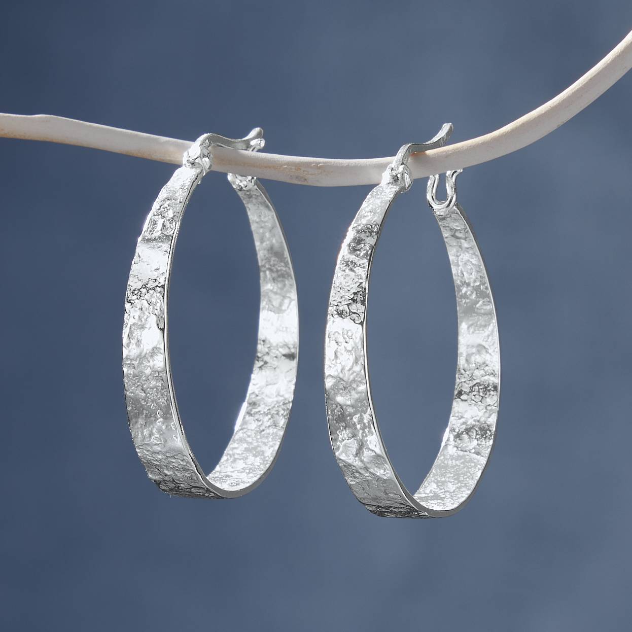 Sterling Silver Tapered Hoop Earrings, Hammered, Latch Closure - Northstyle Catalog