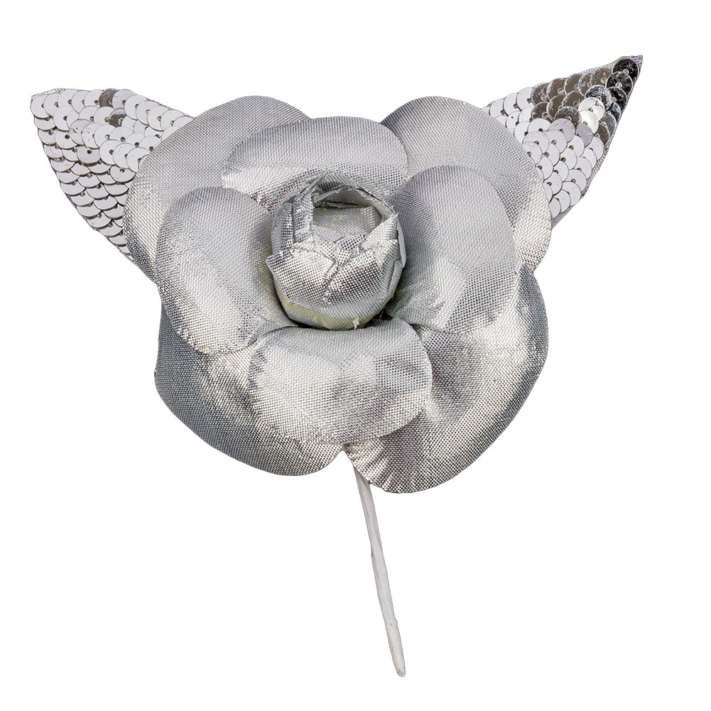 Vintage Silver Fabric Flower Pick with Silver Sequined Leaves - 5