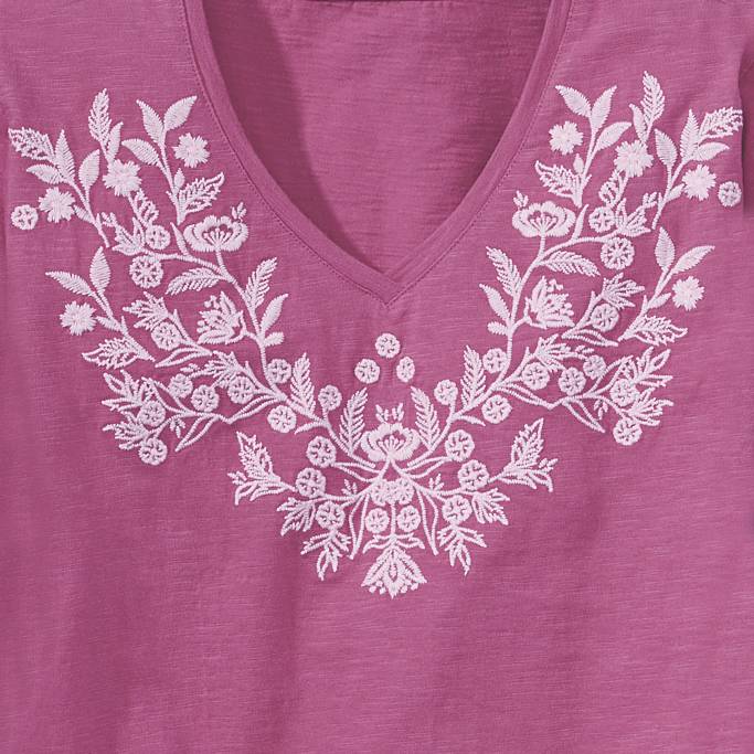 Vintage-Wash Embroidered Cotton V-Neck Top, Side Slits - Northstyle Catalog