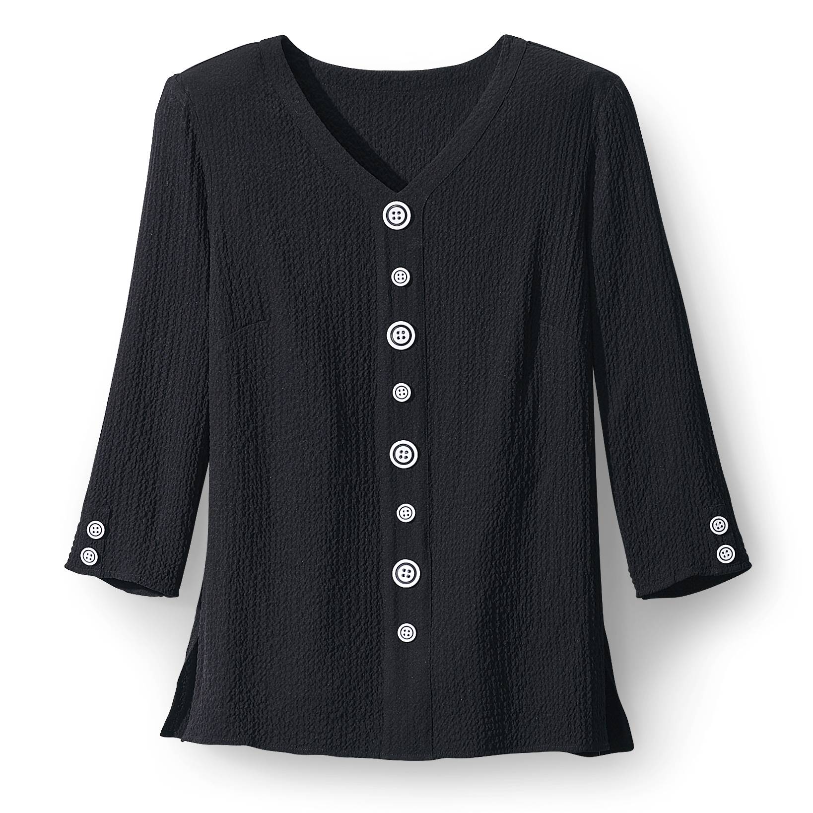 Crinkle Button Accent Top, V-Neck, 3/4 Sleeves, Side Slits - Northstyle Catalog