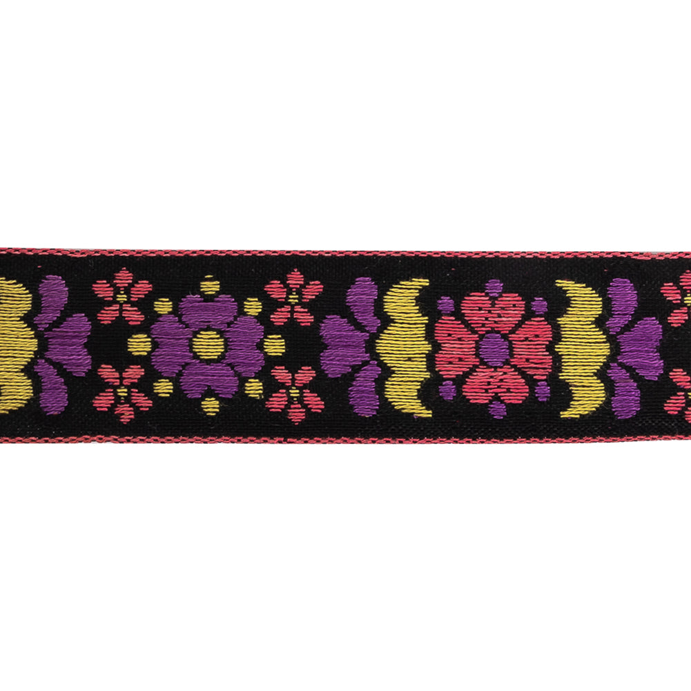 Black, Pink, Yellow and Sunset Purple Floral German Jacquard Cotton Ribbon - 0.9375