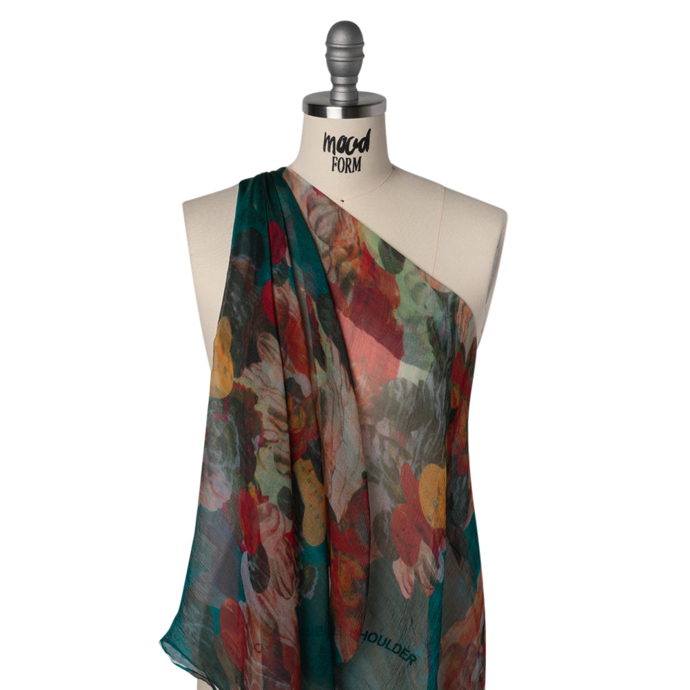 Crinkled Silk Chiffon Print - Dark Teal, Green and Red Abstract Florals - Deadstock - Joann Fabrics