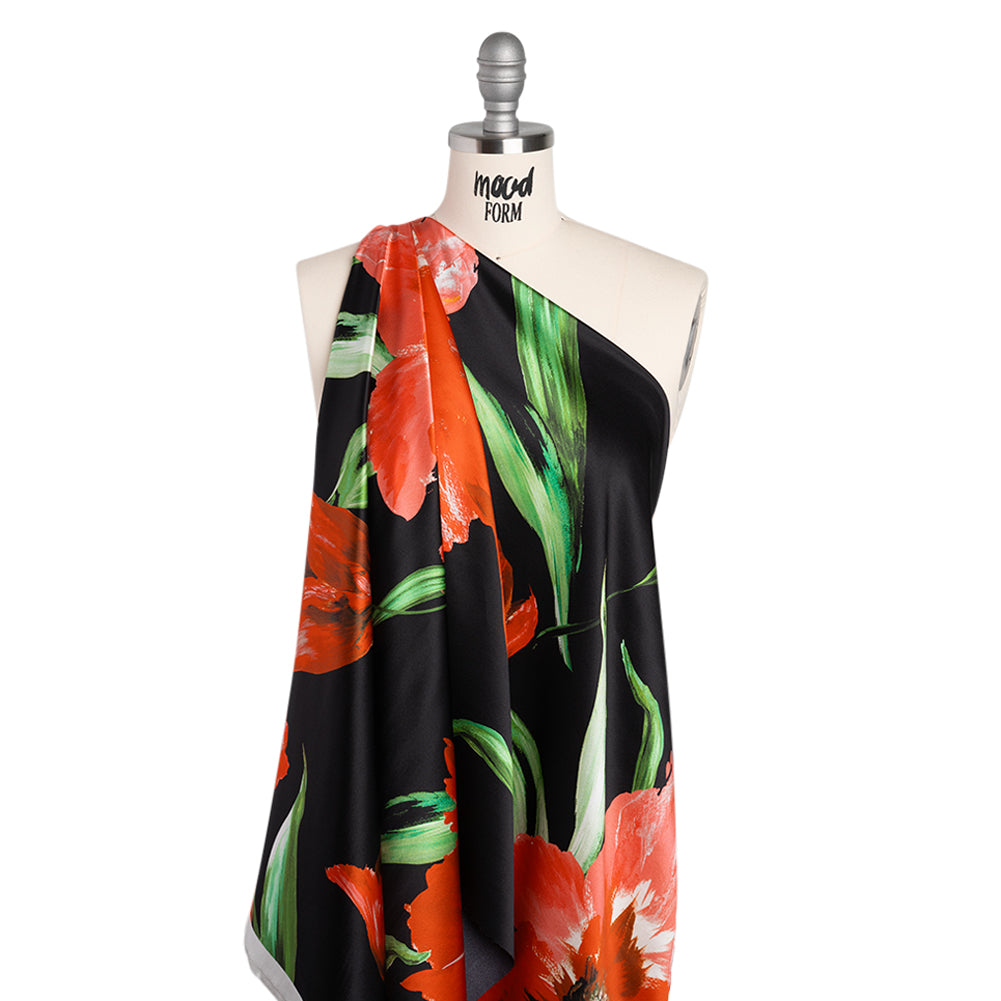 Silk Charmeuse Print 16MM, Made in Italy - Scarlet Red, Green and Black Painted Tulip Garden - Joann Fabrics