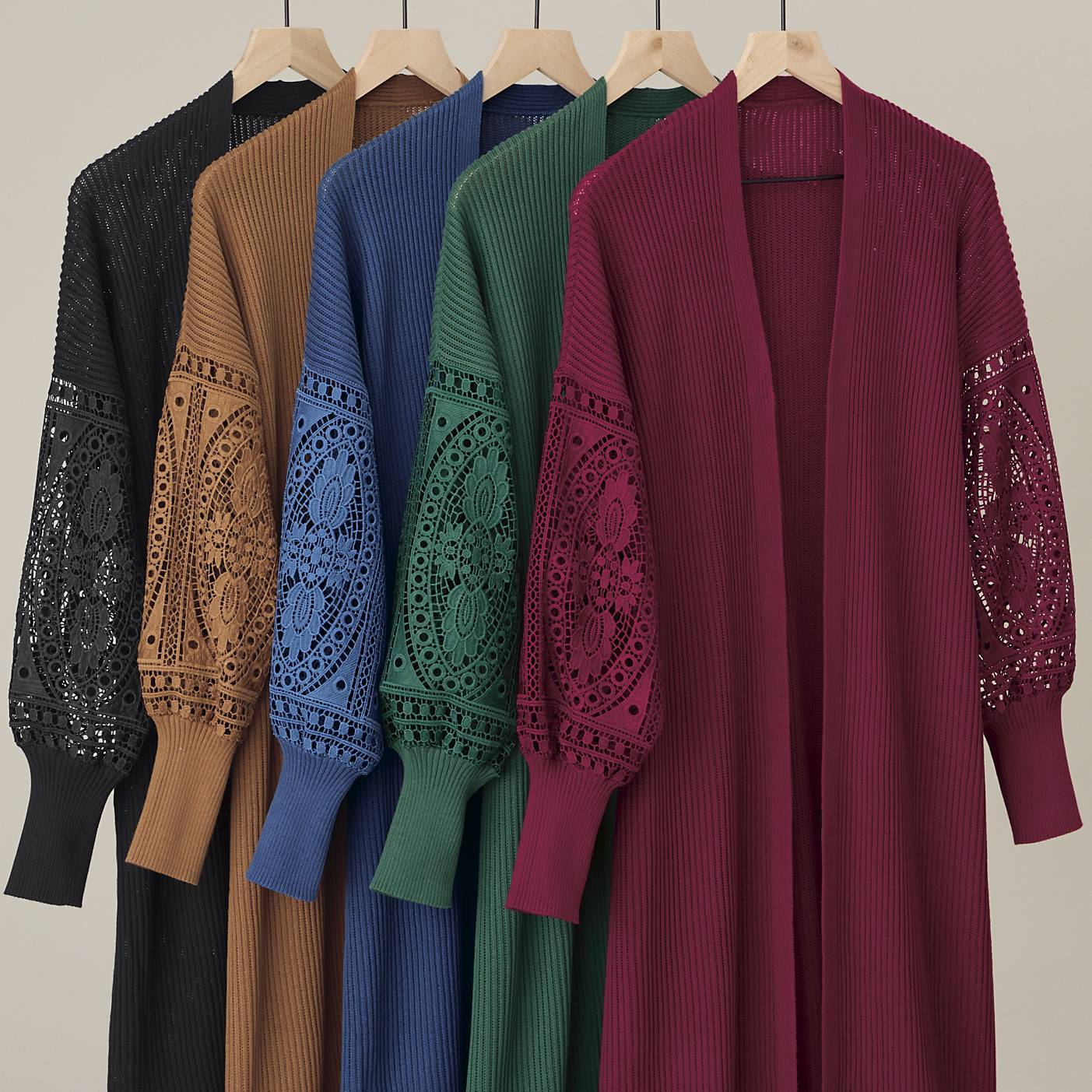 Lace-Sleeve Long-Length Cardigan, Rib Knit, Open Front - Northstyle Catalog