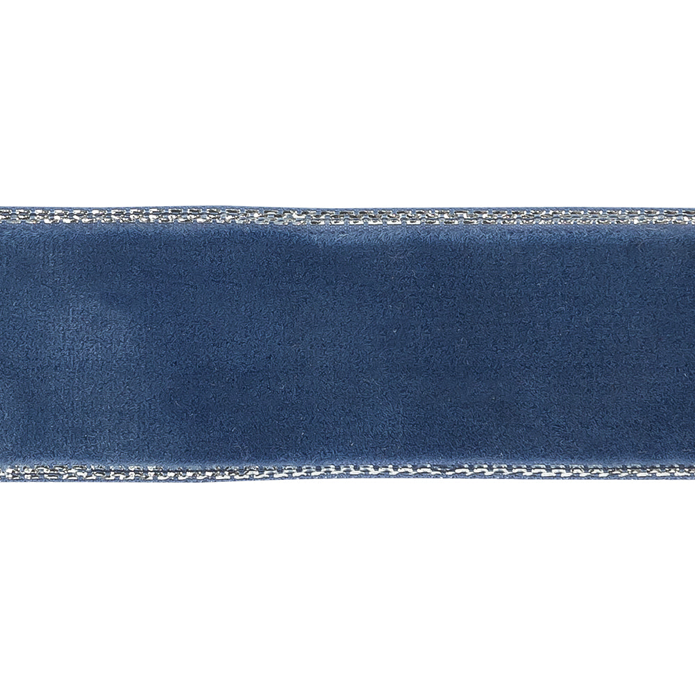 Navy Peony and Silver Metallic Lined Velvet Ribbon - 0.875
