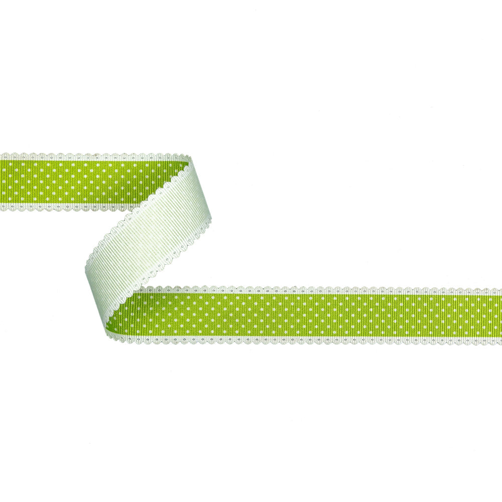 Lime Green and White Alyssum Scalloped Edge Polka Dot Grosgrain Ribbon - 1