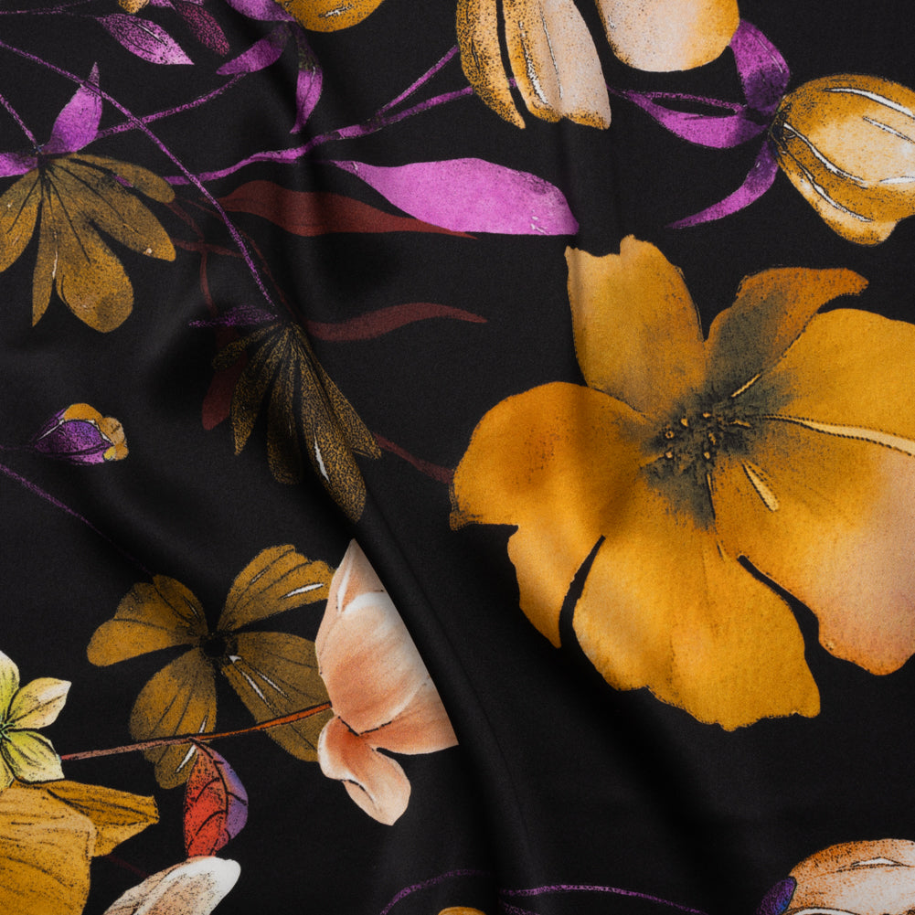Silk Charmeuse Print - Black, Purple and Yellow Ochre Floral- Made in Italy - Joann Fabrics