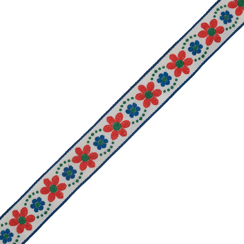 Red Orange, Blue and Green Floral German Jacquard Ribbon - 1.25