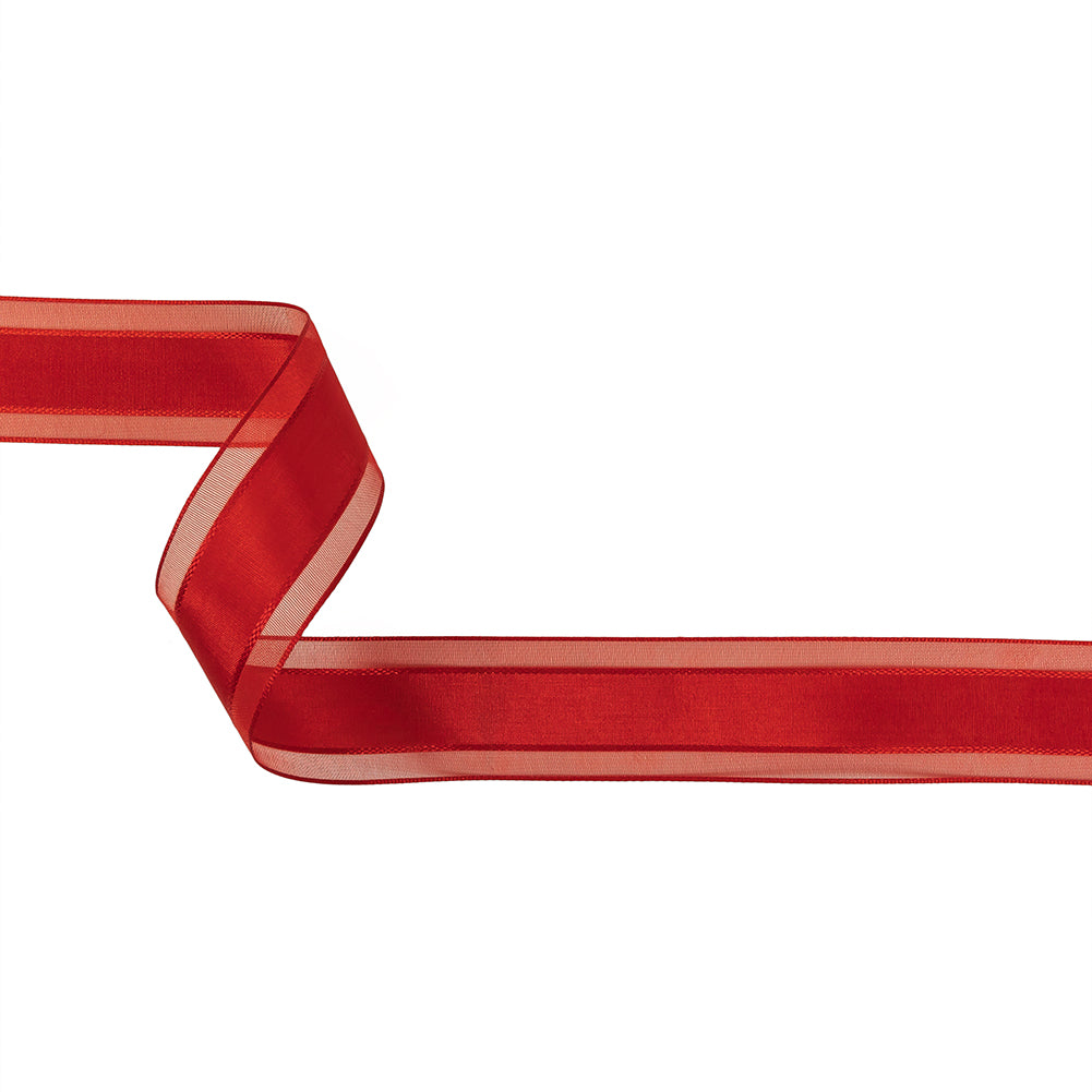Red Woven Ribbon with Sheer Organza Borders - 1