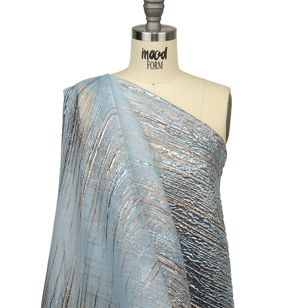 Metallic Rose Gold and Sky Blue Striated Lines Luxury Burnout Brocade - Joann Fabrics