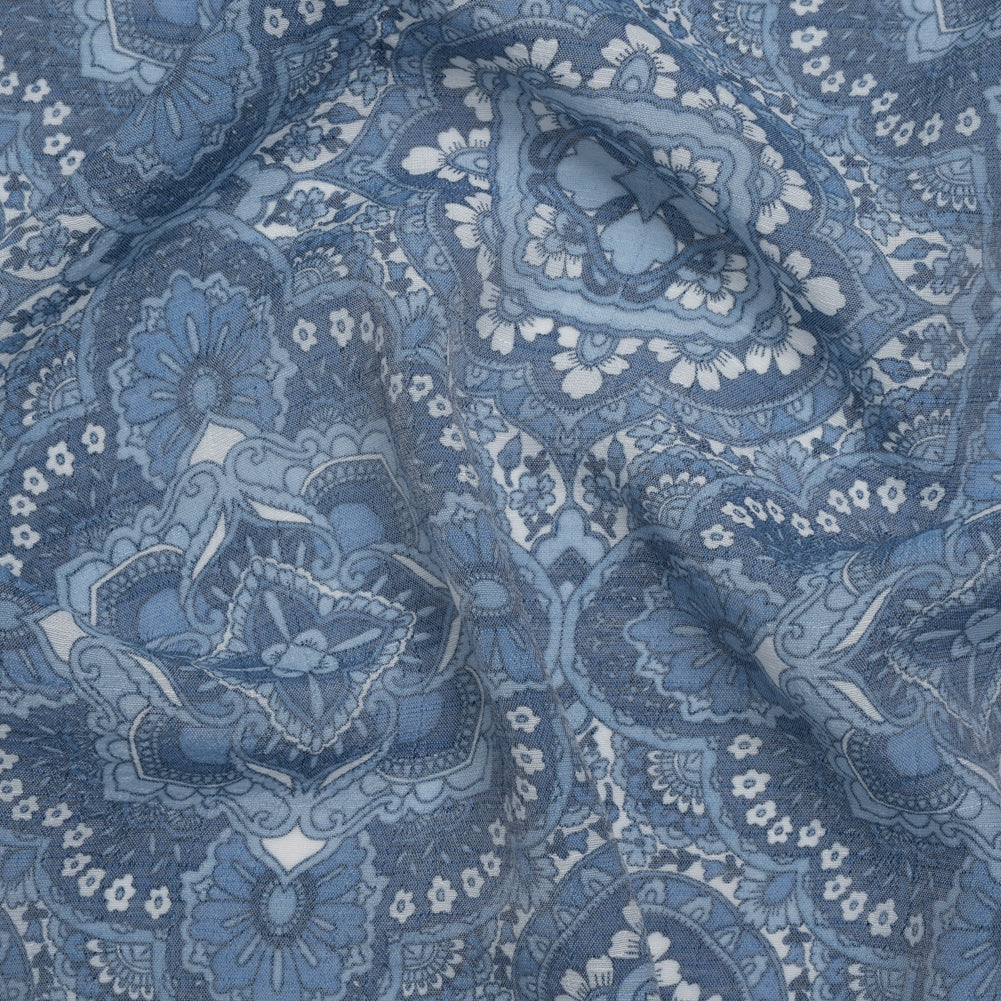 Textured Gauzy Rayon and Polyester Woven Print - Steel Blue, Sky and White Fancy Floral Medallions - Designer Deadstock - Joann Fabrics