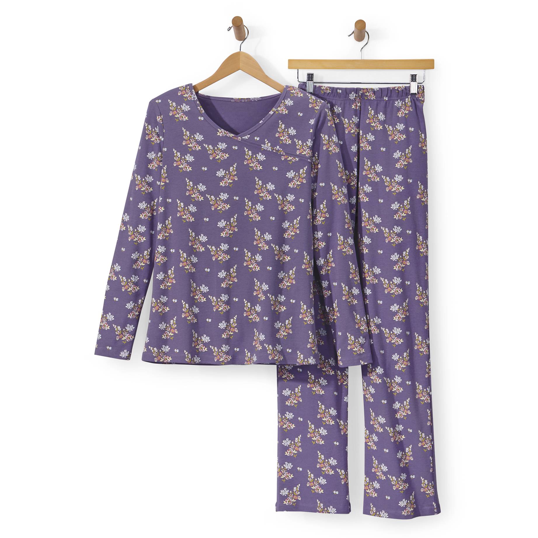Floral Cotton Knit Pajama Set, Faux-wrap V-Neck, Pull-On Pants - Northstyle Catalog