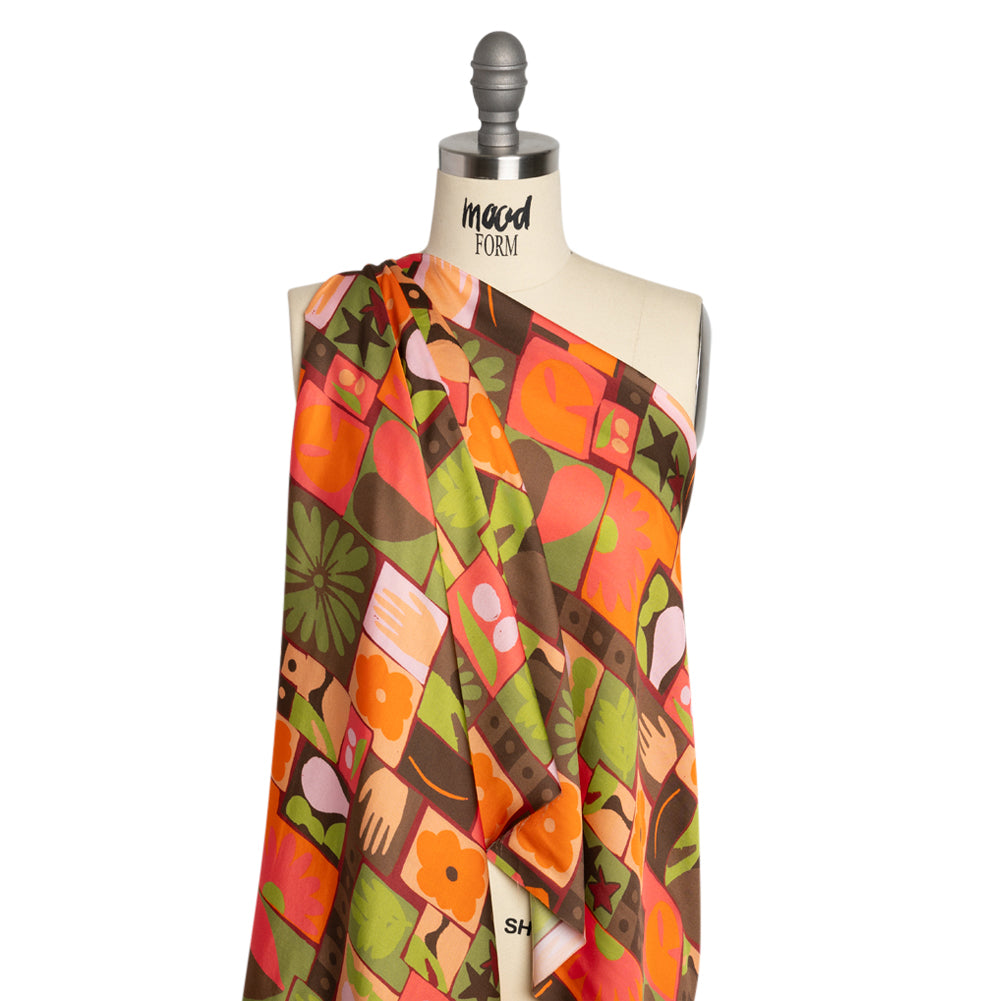 Sustainable and Recycled Viscose Satin Print - Orange, Green and Coral Simple Symbols Patchwork - Mood Exclusive Come Together - Joann Fabrics