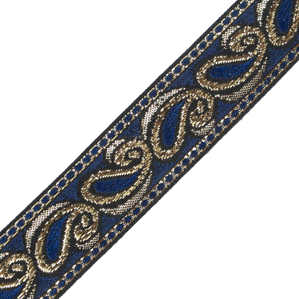 Blue and Metallic Gold Paisley Jacquard Ribbon - 1