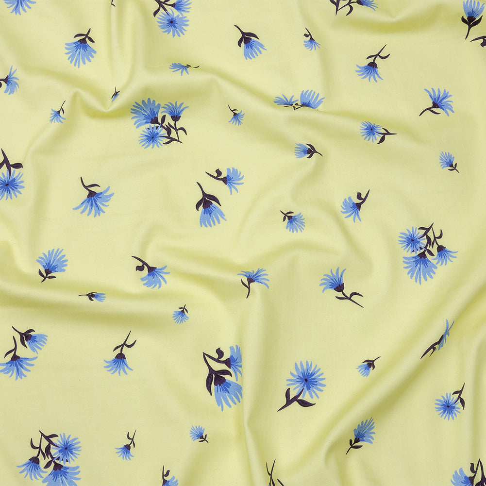 Stretch Cotton and Viscose Sateen Print - Pale Yellow and Blue Floral - Mood Exclusive Daisy Dance - Joann Fabrics
