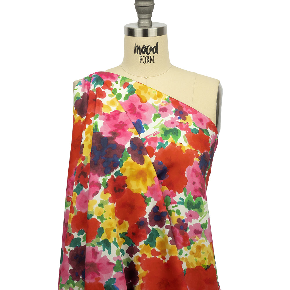 Stretch Cotton and Viscose Sateen Print - Red, Yellow and Green Painterly Floral - Mood Exclusive Spring Afternoon - Joann Fabrics