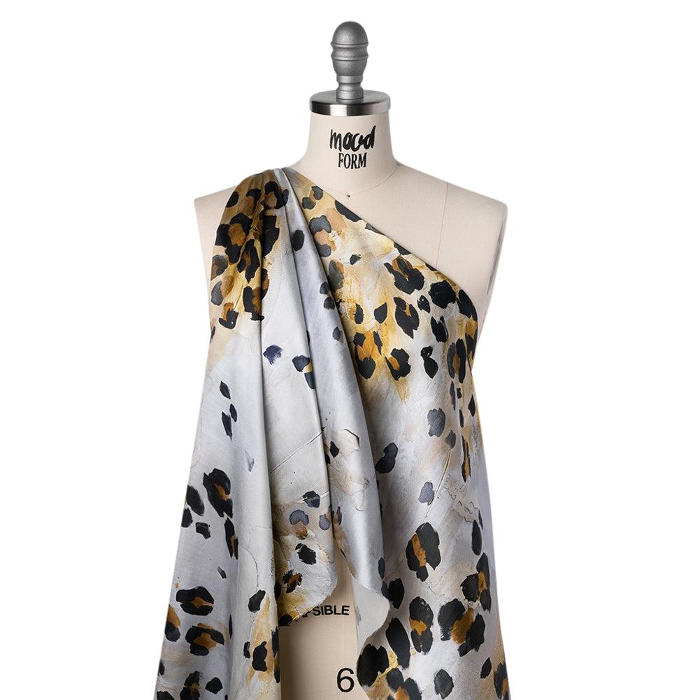 Light Silk Twill Print Made in Italy - Yellow Ochre, Brown and Black Painted Animal Spots - Deadstock - Joann Fabrics